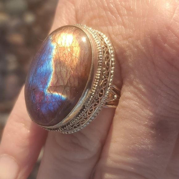 New Multicolor Flash Labradorite Antiqued 925 Silver Ring. - Picture 11 of 16